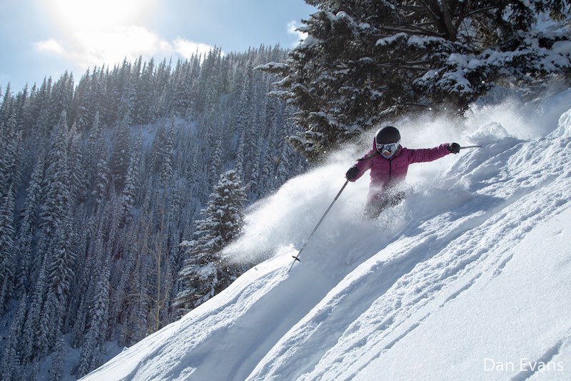 Michelle Brazier enjoying fresh powder in Sun Chutes at Mt. Norquay. Photo by Dan Evans.