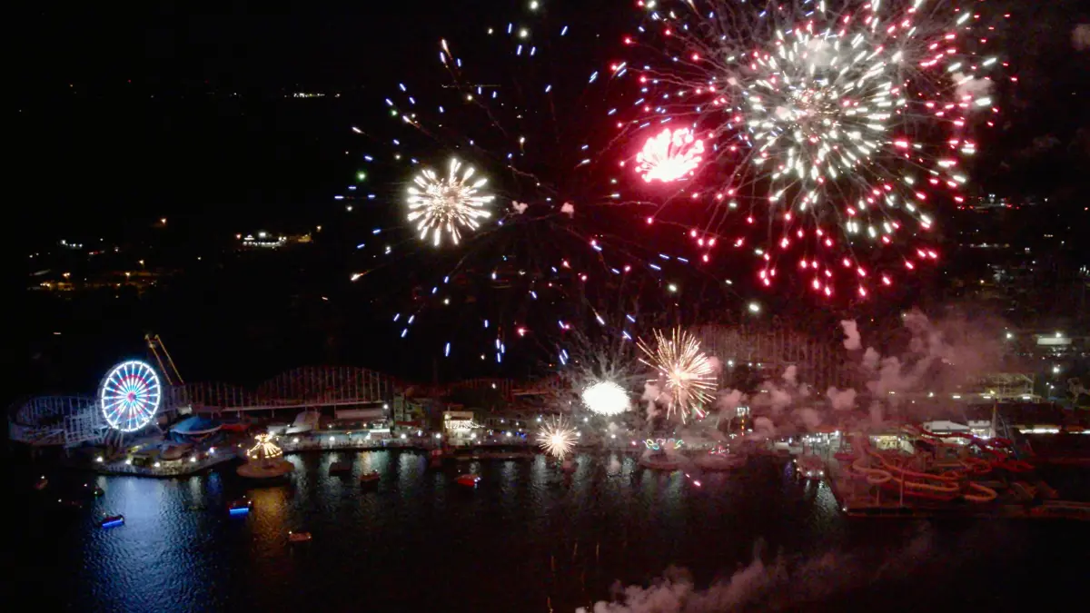 Fireworks over Lake Shafer at Indiana Beach