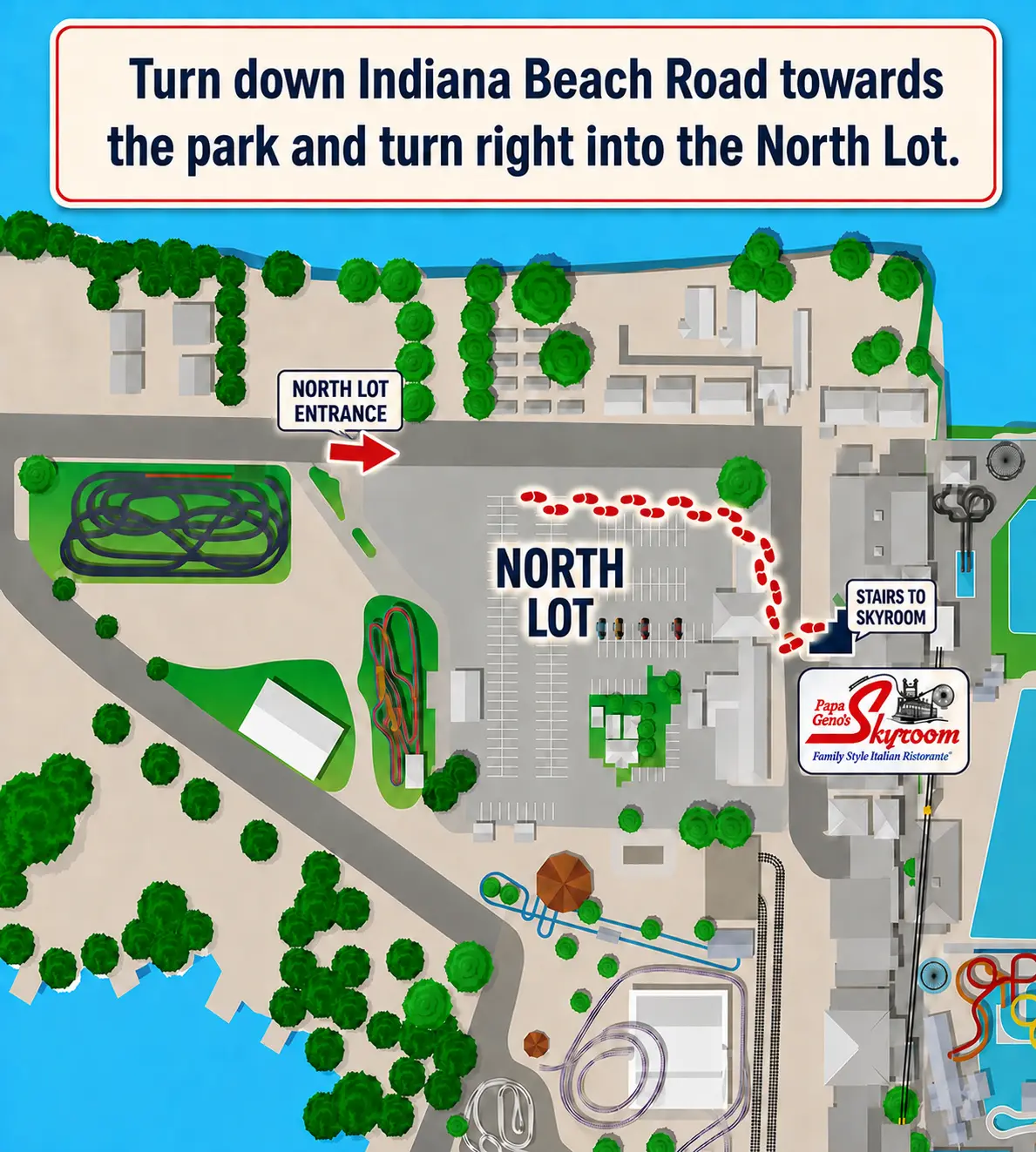 Map showing the North Lot entrance and walking route to the Papa Geno’s Skyroom stairs