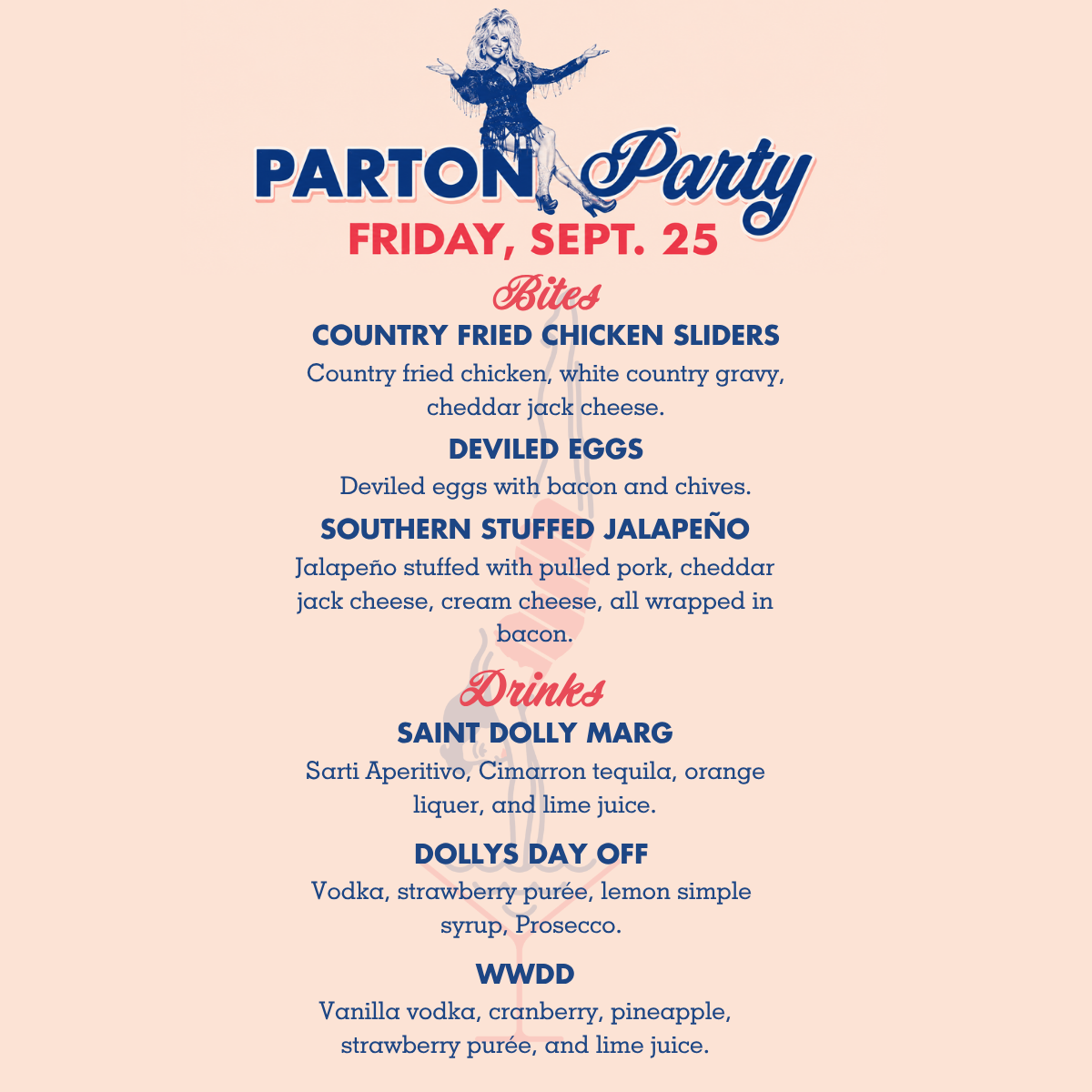 Parton Party food and drink specials at Jersey Girl - Friday, September 25