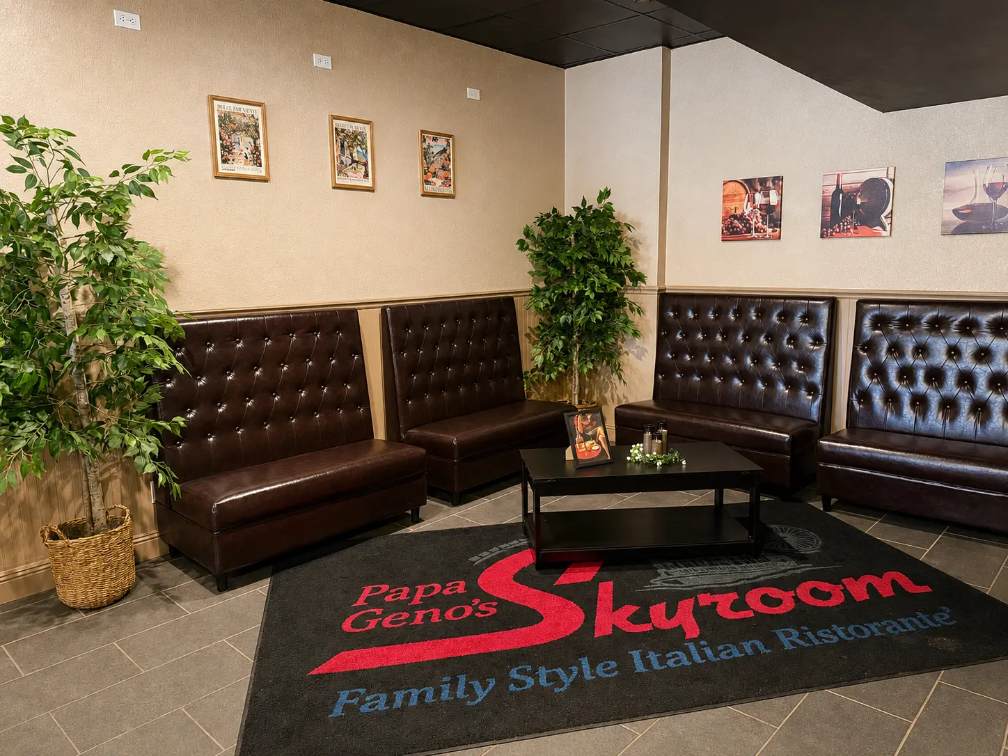 The welcoming lounge seating area inside Papa Geno’s Skyroom