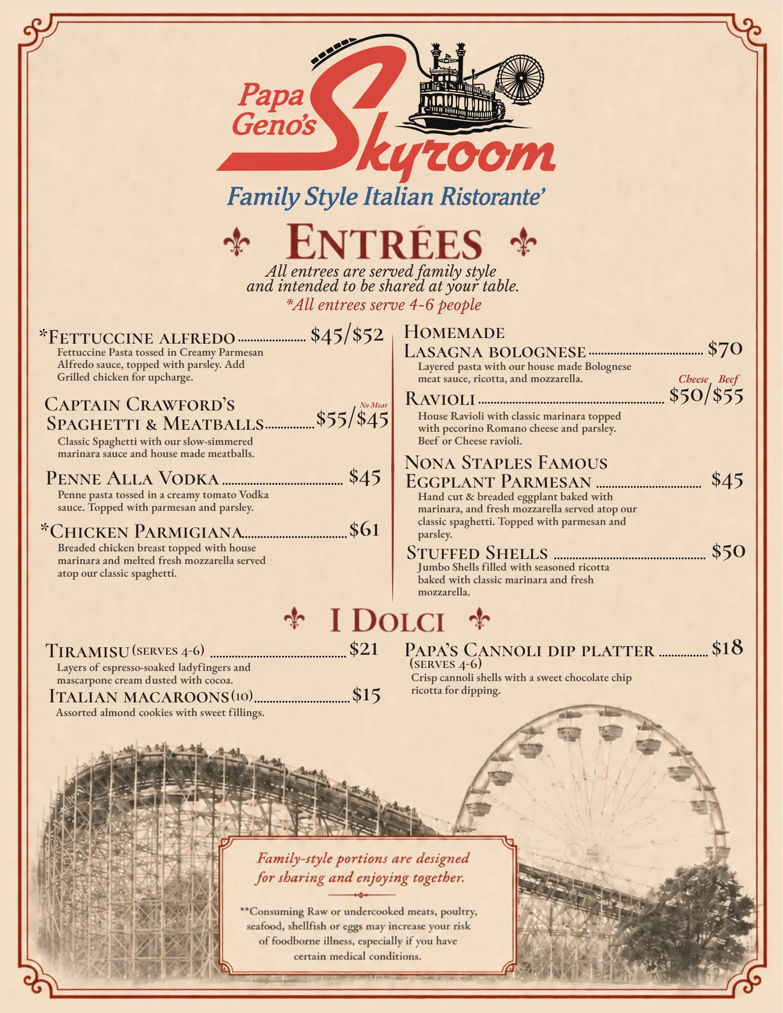 Papa Geno’s Skyroom menu page two with family-style entrées and desserts