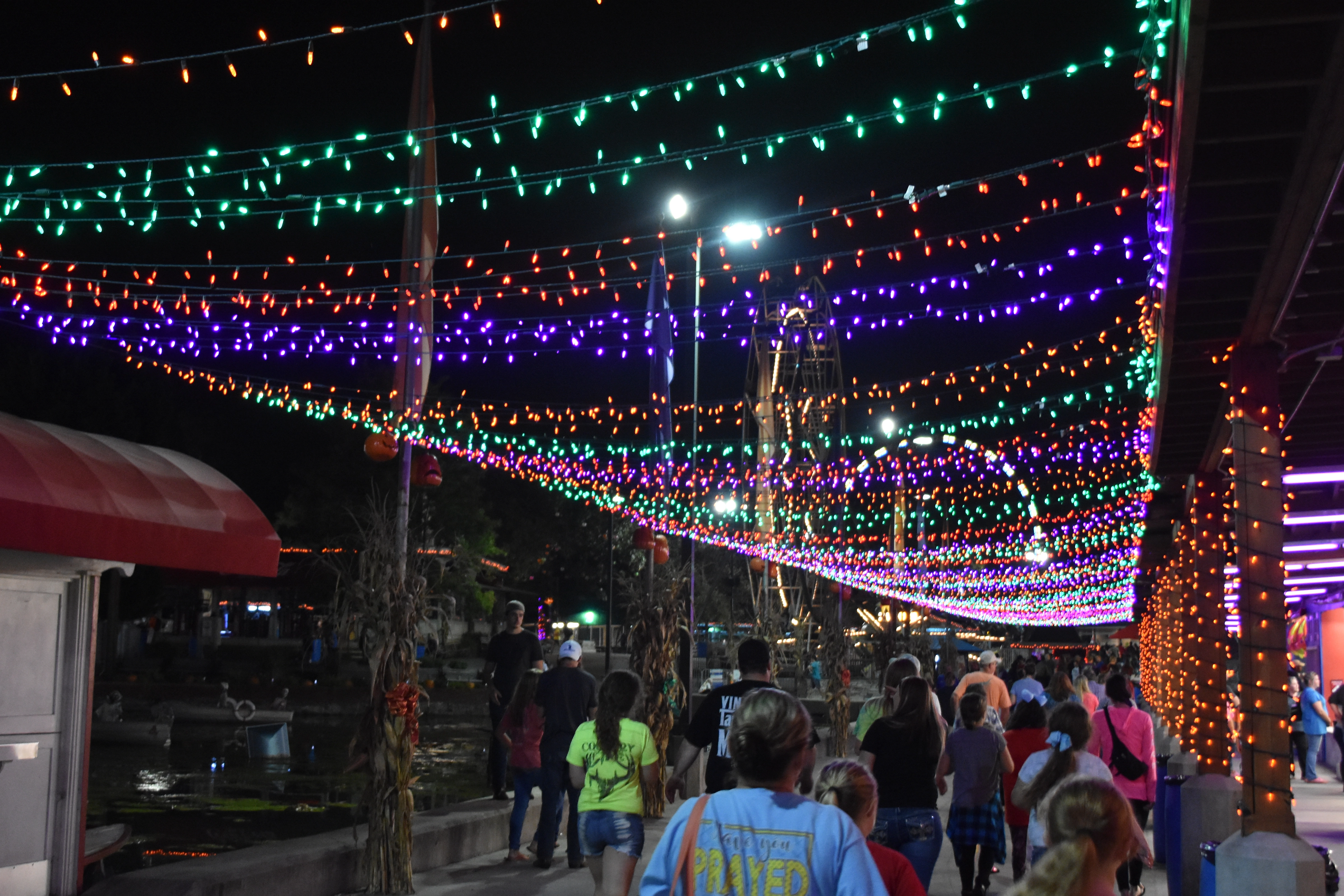 Guests walking beneath colorful Halloween lights at Lake Winnie